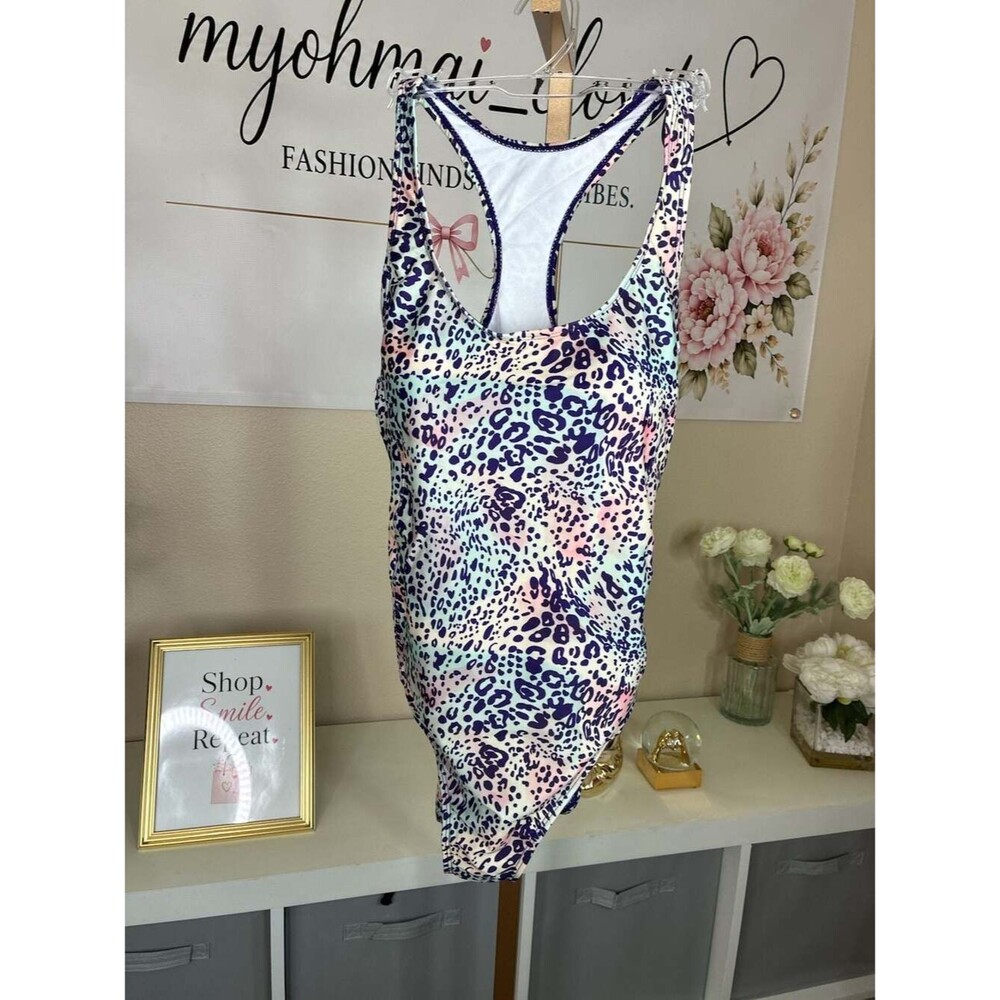 Nicole Miller One Piece Swimsuit Iris Cheetah Print Racer Back Size New